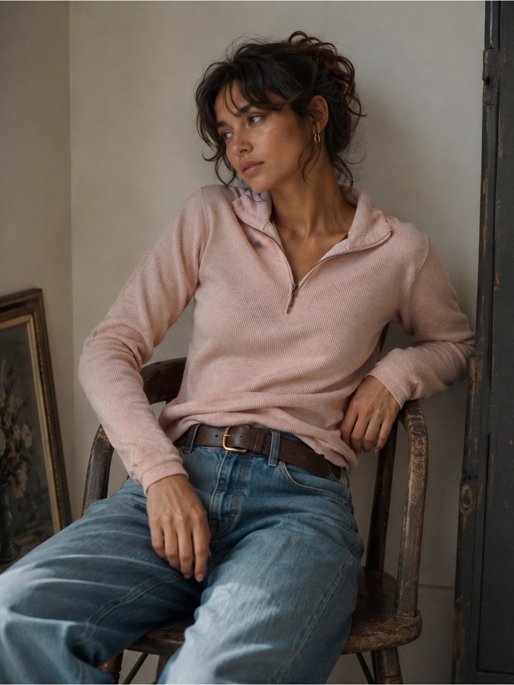 Pink Blush Quarter Zip Knit Sweater Y2K Minimalist Pullover M preppy Soft girl